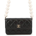 Chanel Pearl Chain Shoulder Bag CC Logo Quilted Faux Pouch Black