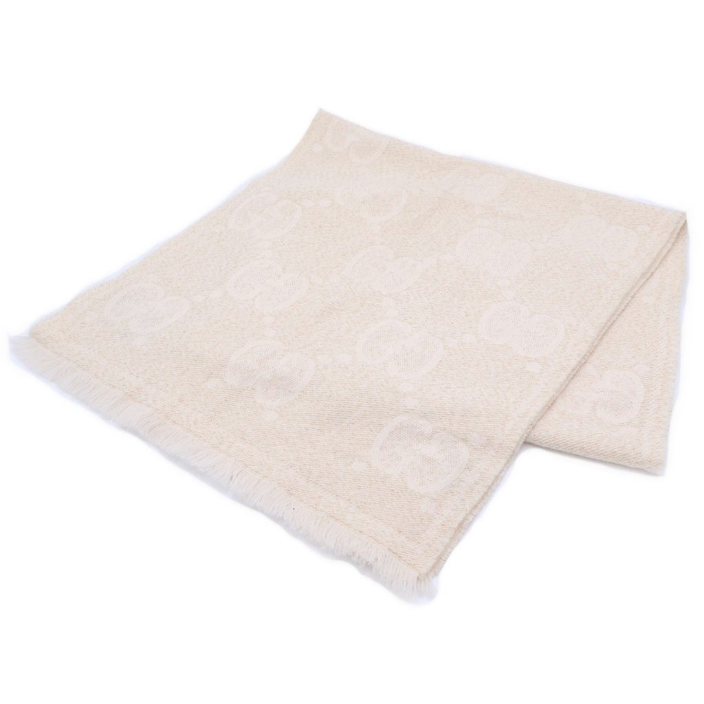 Gucci GG Lame Jacquard Wool Fringe Scarf Ivory