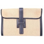 Hermes Jije Clutch Pouch Case Navy Ivory Leather Canvas