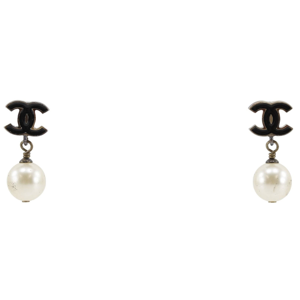 Chanel CC Logo Gold Plated Faux Pearl Black Earrings