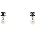 Chanel CC Logo Gold Plated Faux Pearl Black Earrings