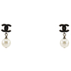 Chanel CC Logo Gold Plated Faux Pearl Black Earrings