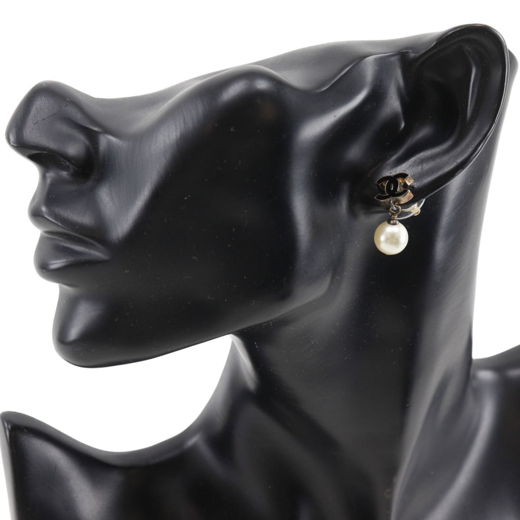 Chanel CC Logo Gold Plated Faux Pearl Black Earrings — view 2