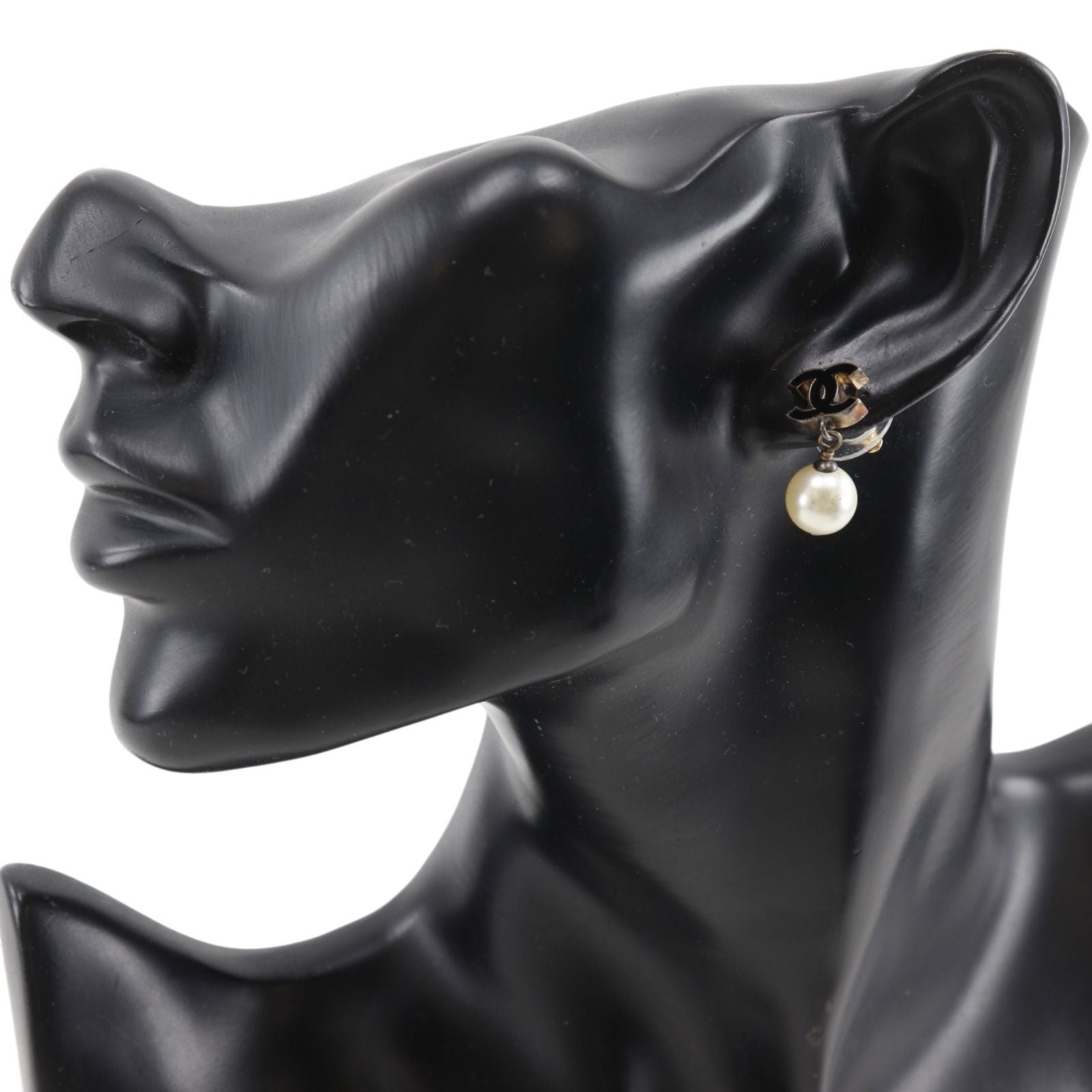 Chanel CC Logo Gold Plated Faux Pearl Black Earrings — view 2
