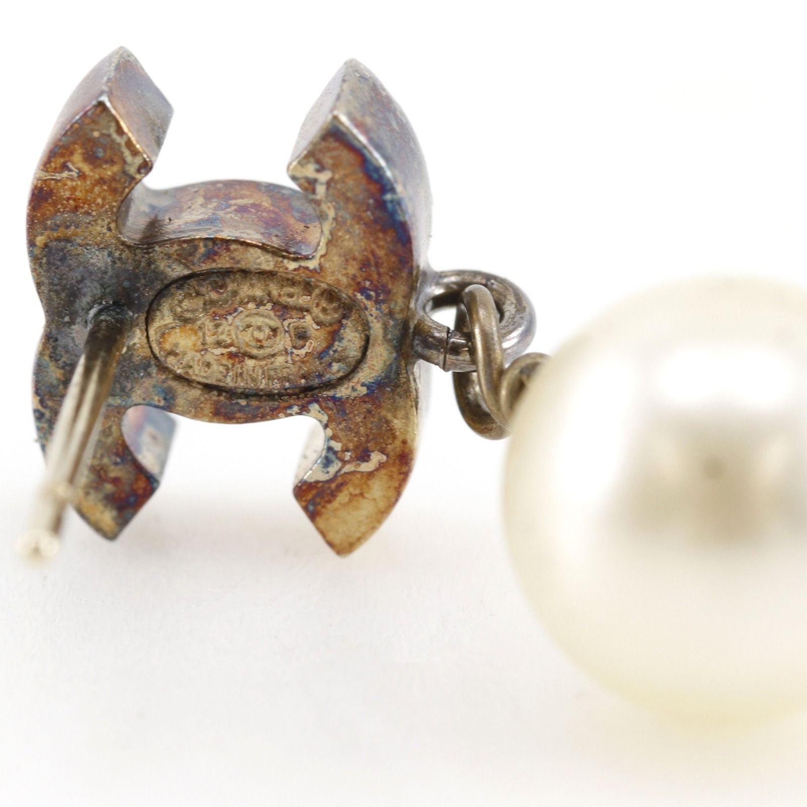 Chanel CC Logo Gold Plated Faux Pearl Black Earrings — view 7