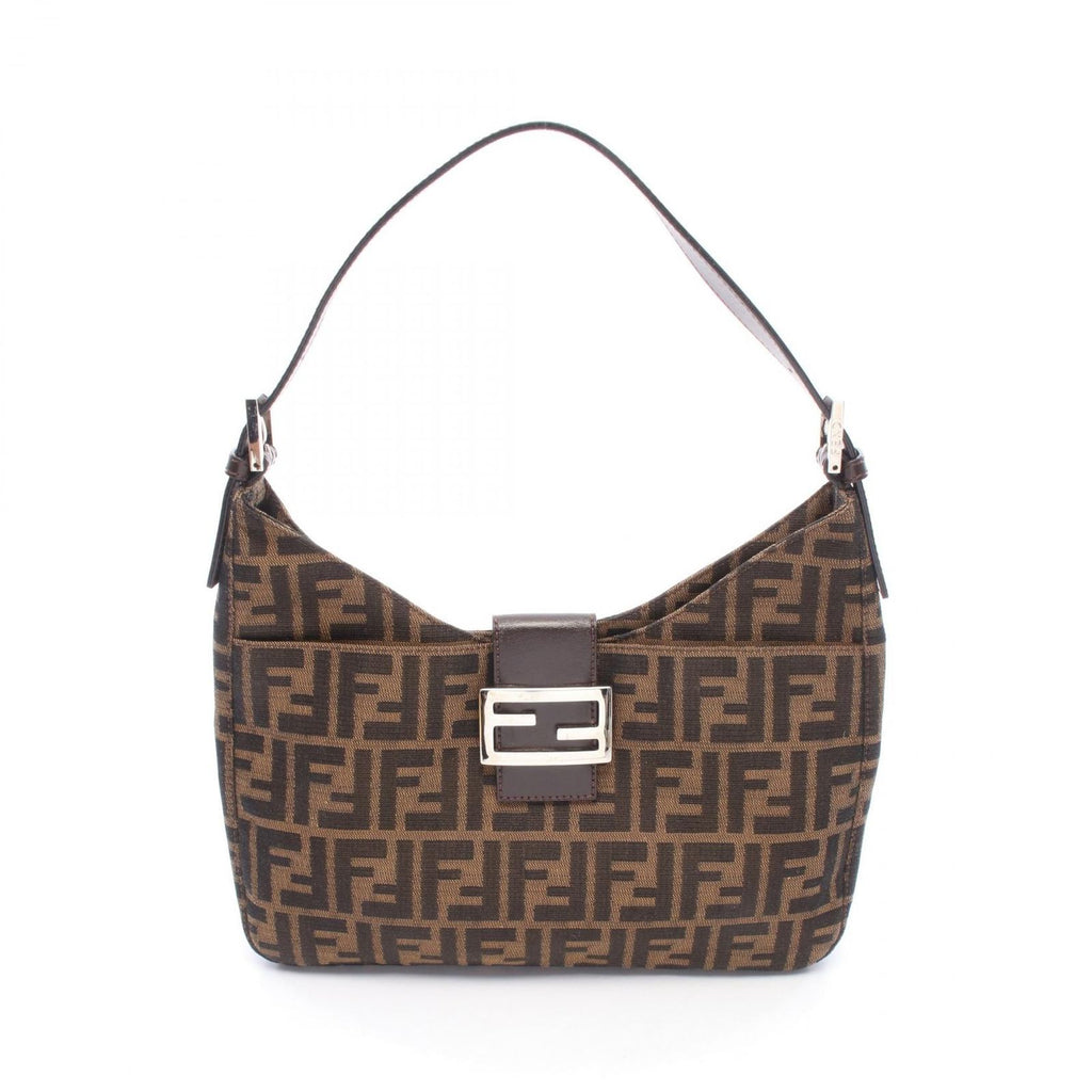 Fendi Shoulder Bag Zucca Black Brown Canvas Leather