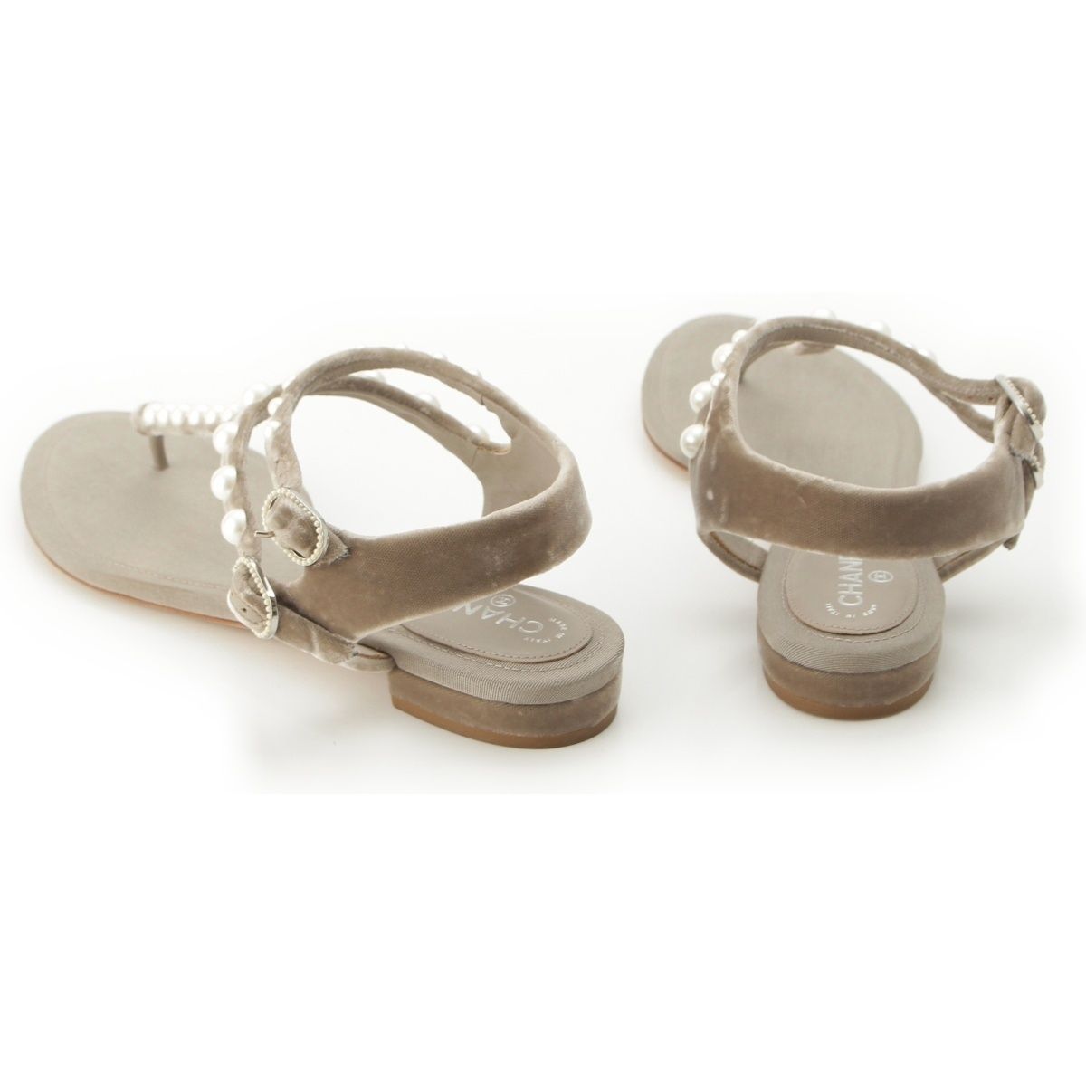 Chanel Velour CC Logo Pearl Strap Sandals Gray Ju 36 1 2C — view 3