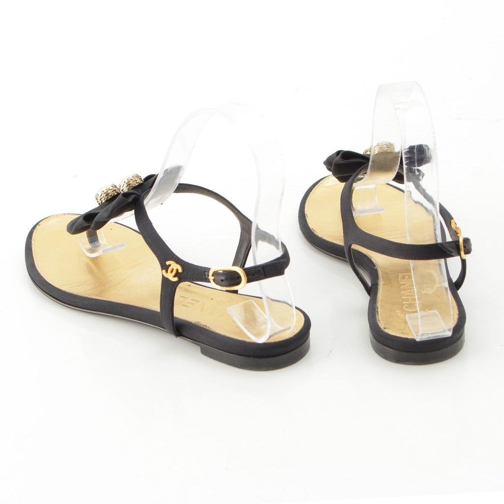 Chanel Pearl CC Logo Ribbon Sandals Black Gold 36 1 2C — view 4