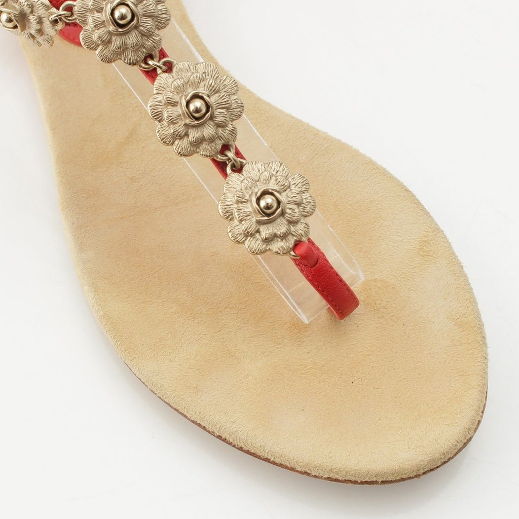 Chanel Leather CC Logo Camellia Suede Sandals Beige Red 36c — view 6