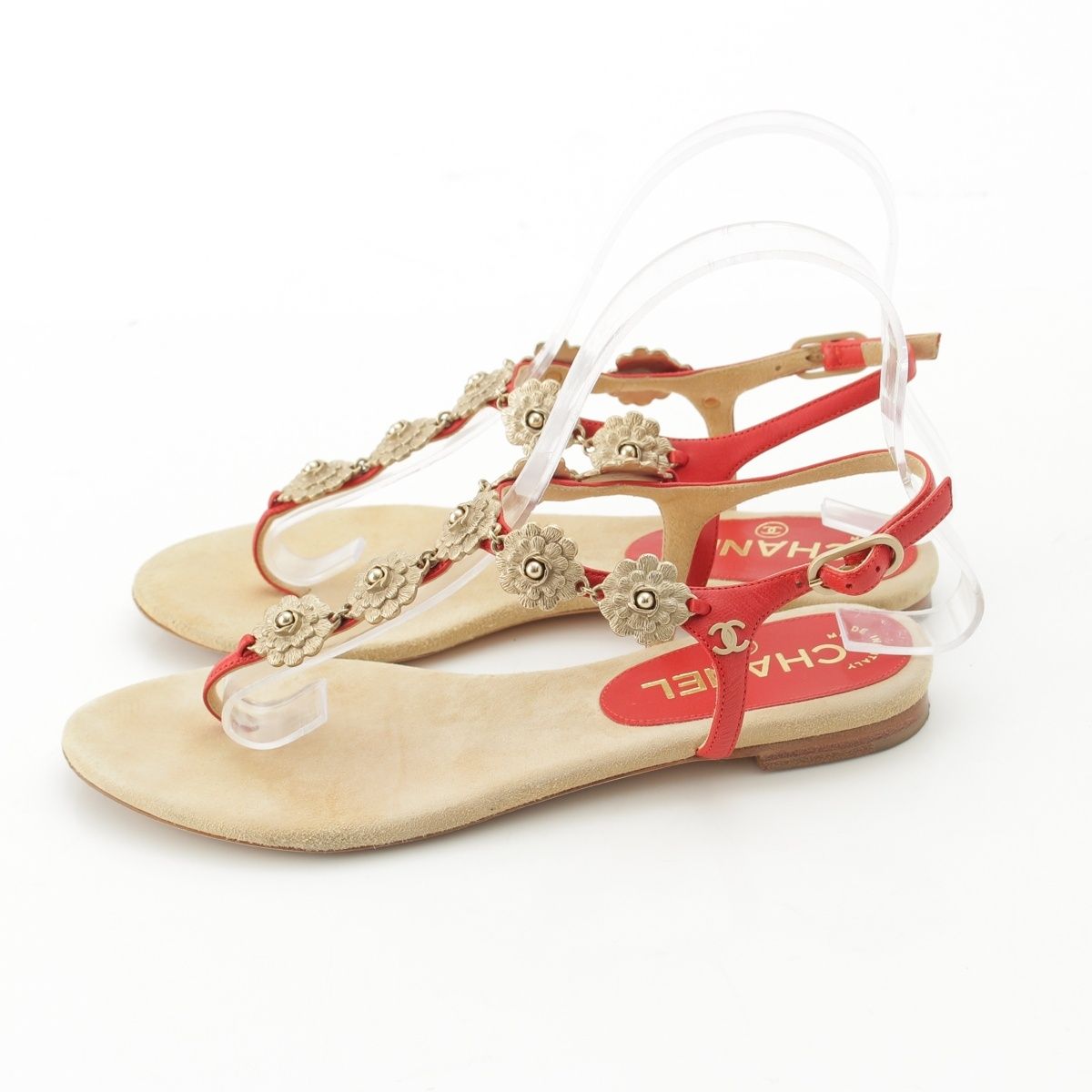Chanel Leather CC Logo Camellia Suede Sandals Beige Red 36c — view 3