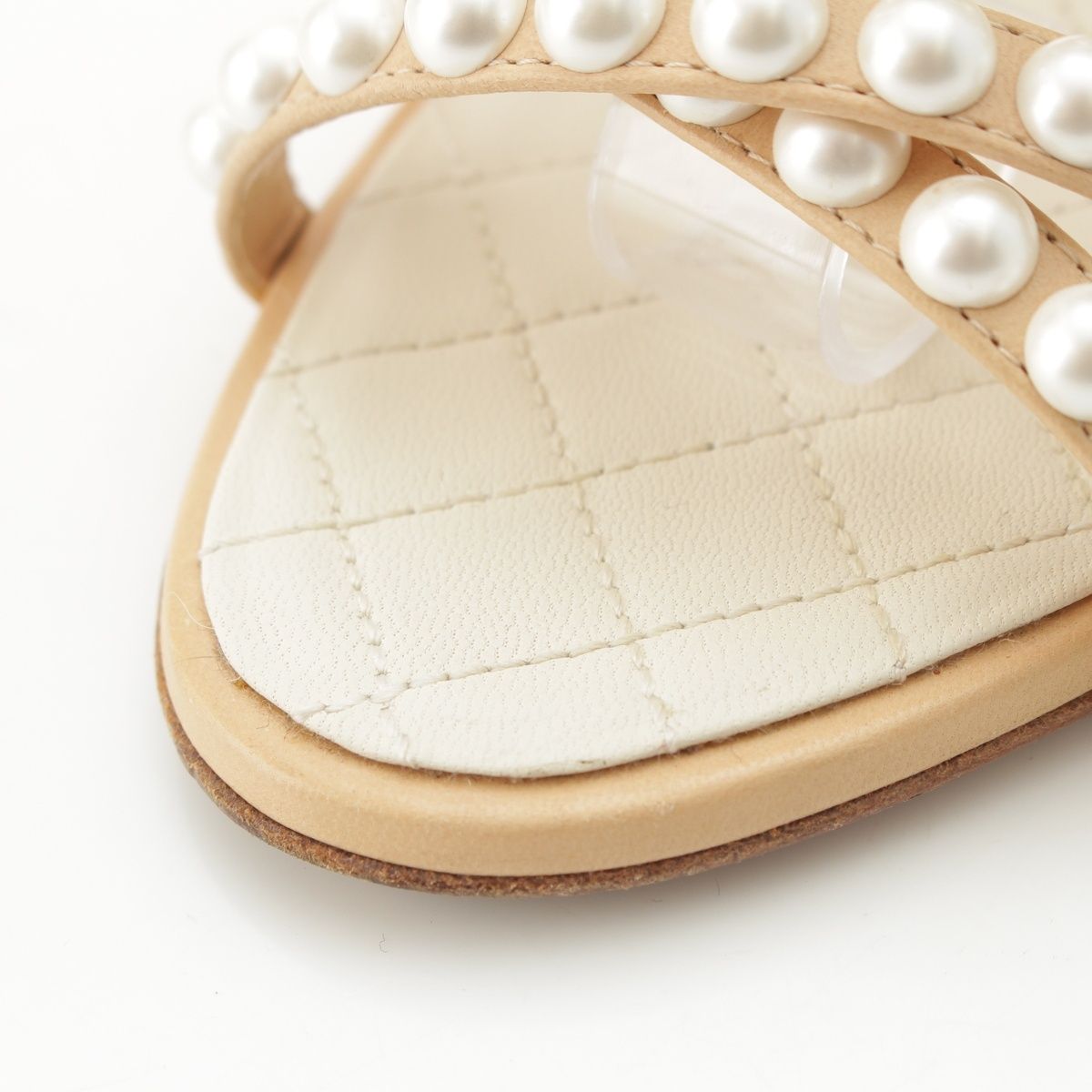 Chanel Leather Pearl CC Logo Strap Quilted Sandals Beige — view 8