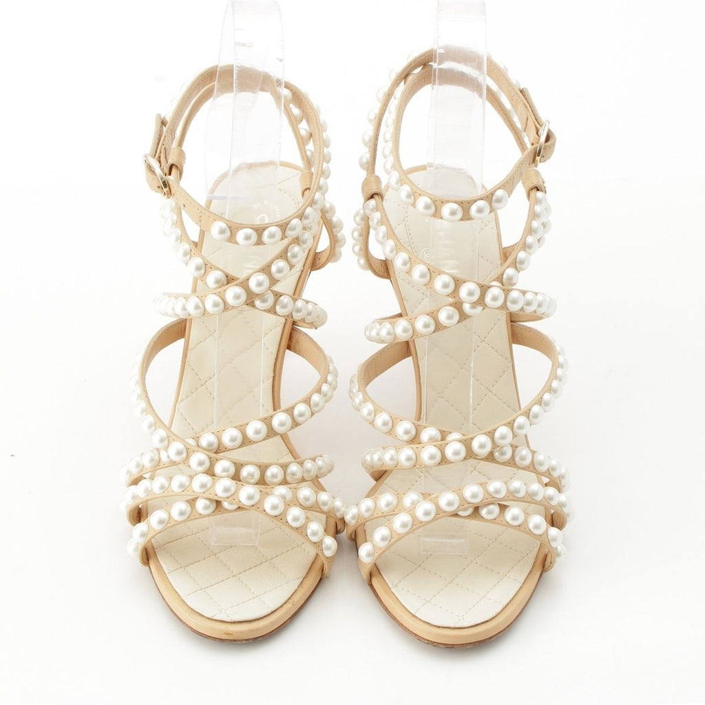 Chanel Leather Pearl CC Logo Strap Quilted Sandals Beige — view 2