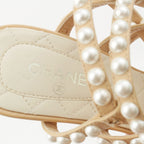 Chanel Leather Pearl CC Logo Strap Quilted Sandals Beige — view 7