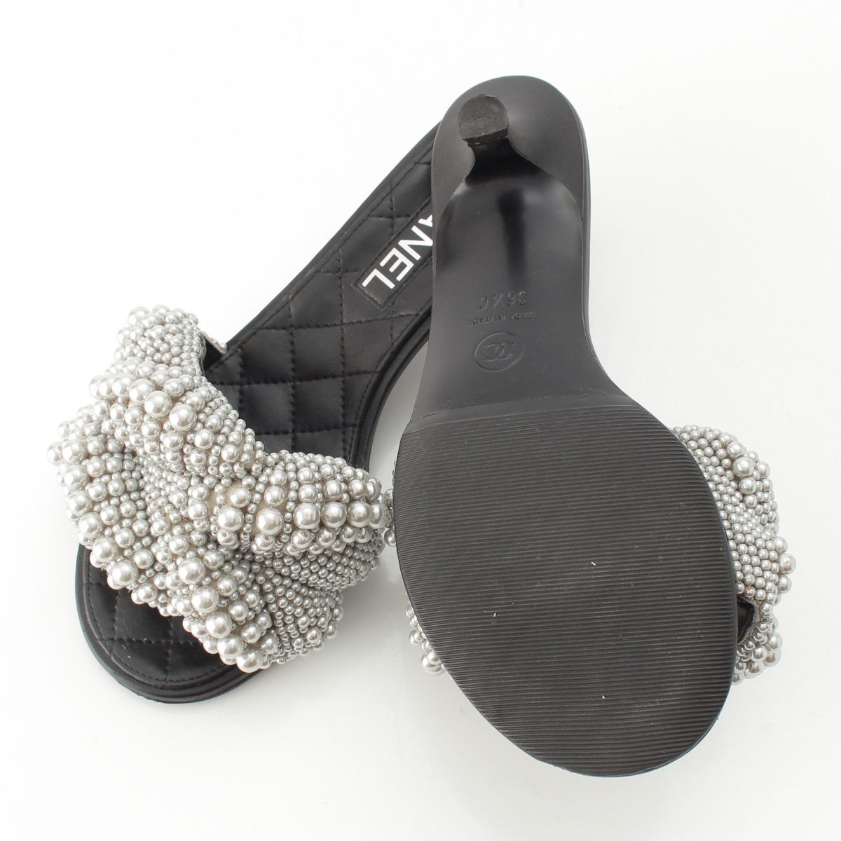 Chanel Pearl CC Logo Heels Gladiator Sandals Black — view 5