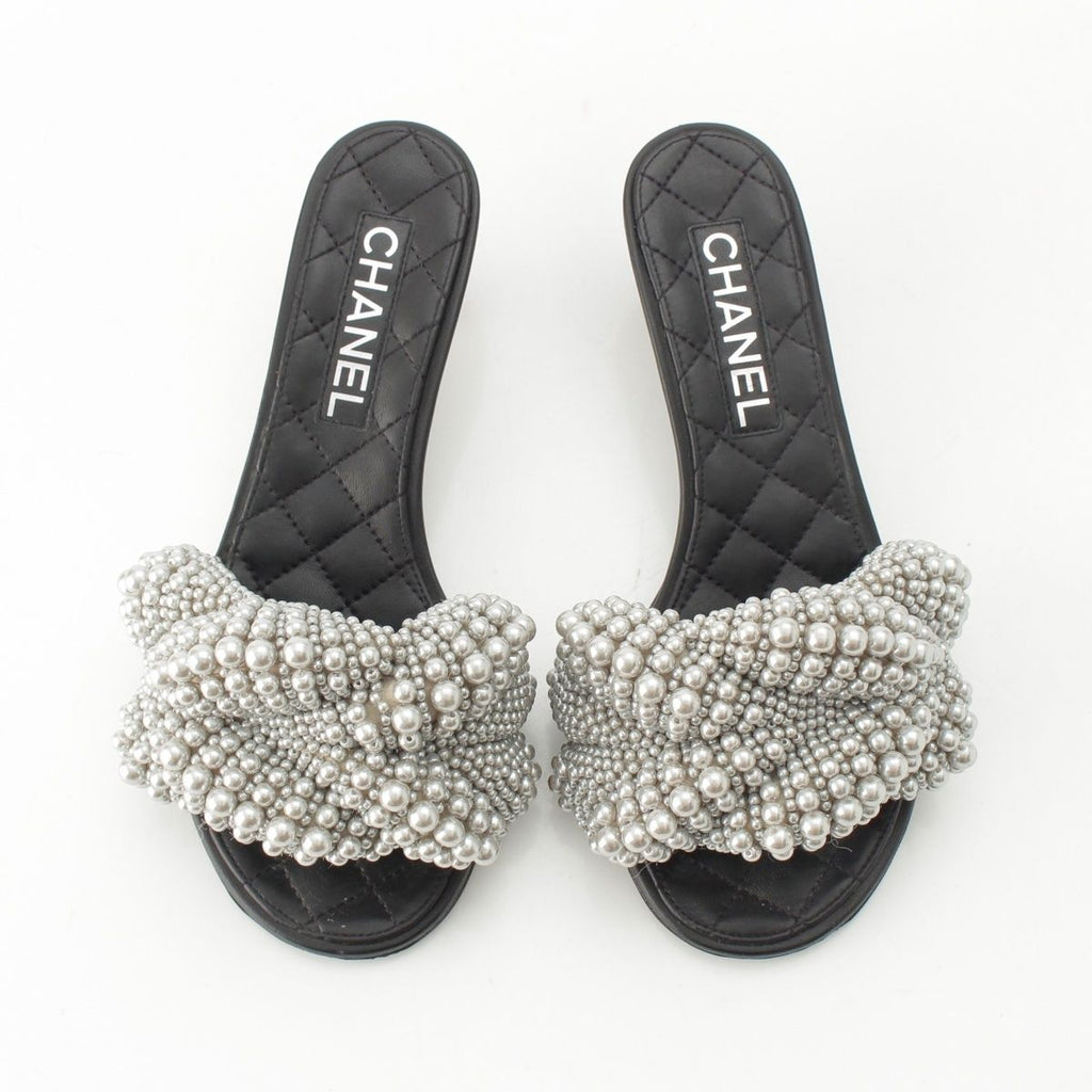 Chanel Pearl CC Logo Heels Gladiator Sandals Black — view 2