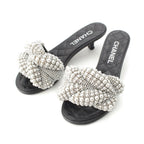 Chanel Pearl CC Logo Heels Gladiator Sandals Black