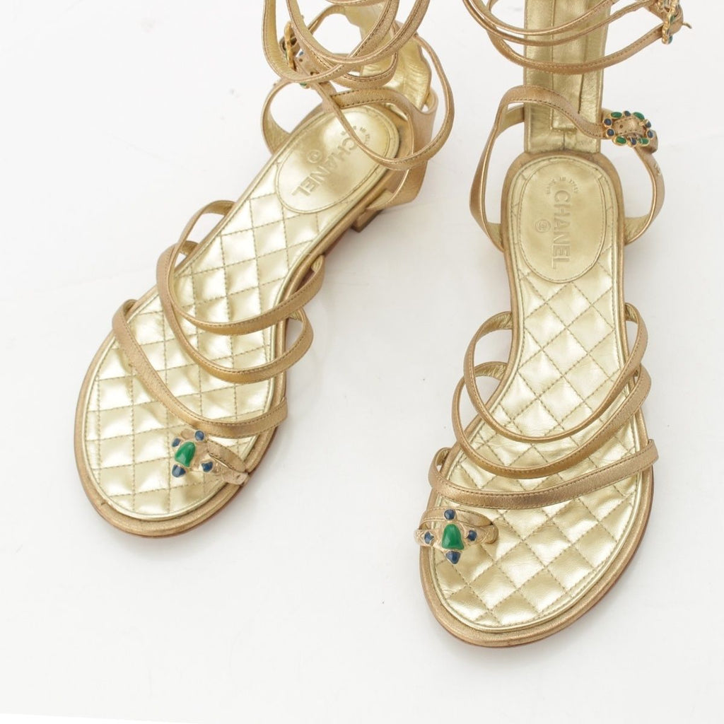 Chanel Leather CC Logo Gripoix Gladiator Sandals Gold — view 5