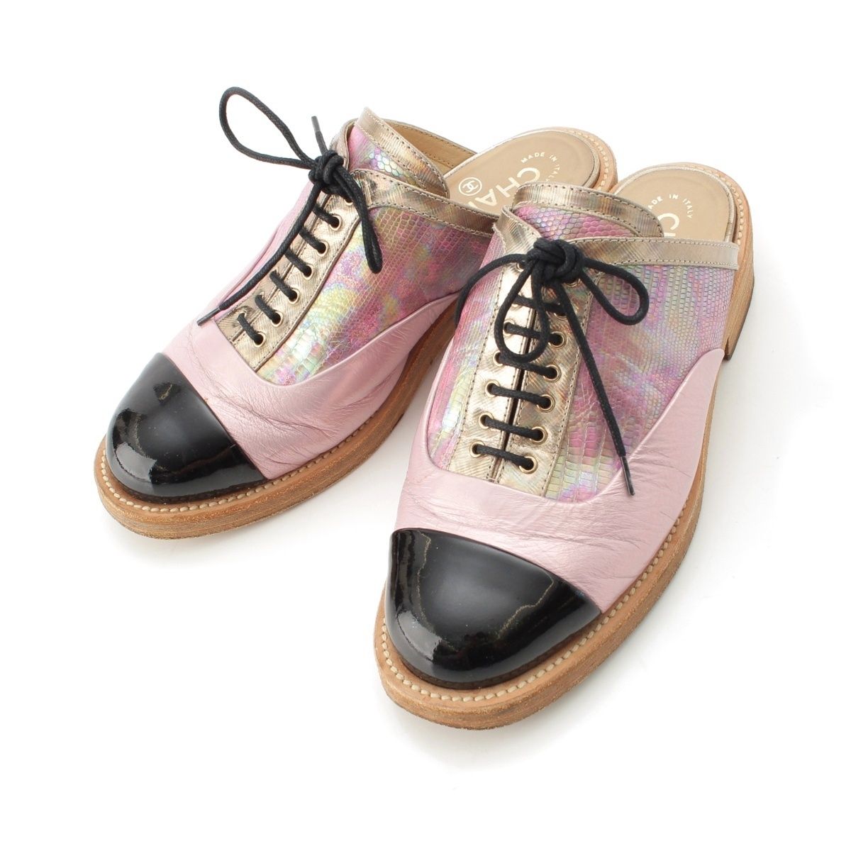Chanel Leather CC Logo Oxford Mules Pink Black