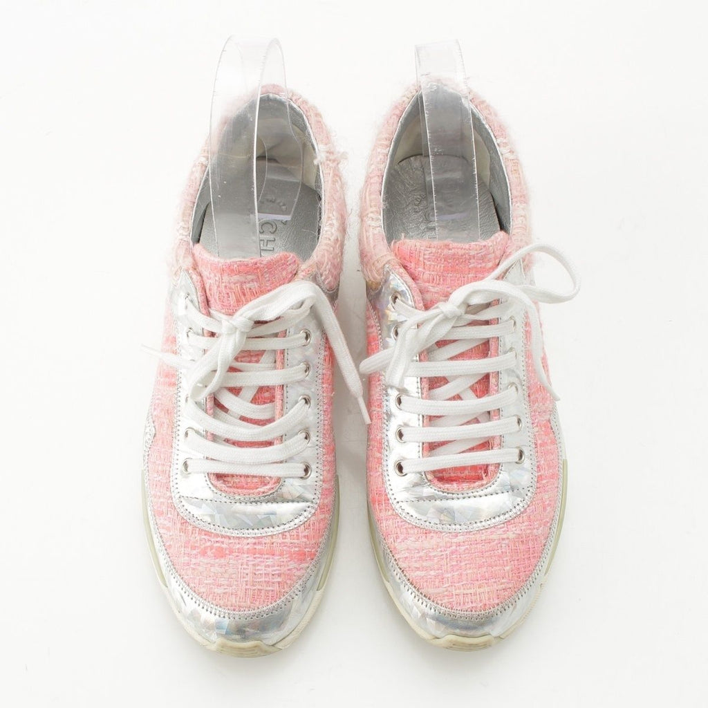 Chanel Tweed CC Logo Sneakers Pink Silver — view 2