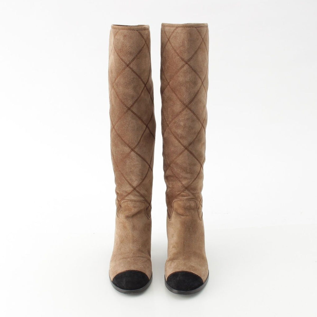 Chanel Suede CC Logo Quilted Long Boots Brown — view 2