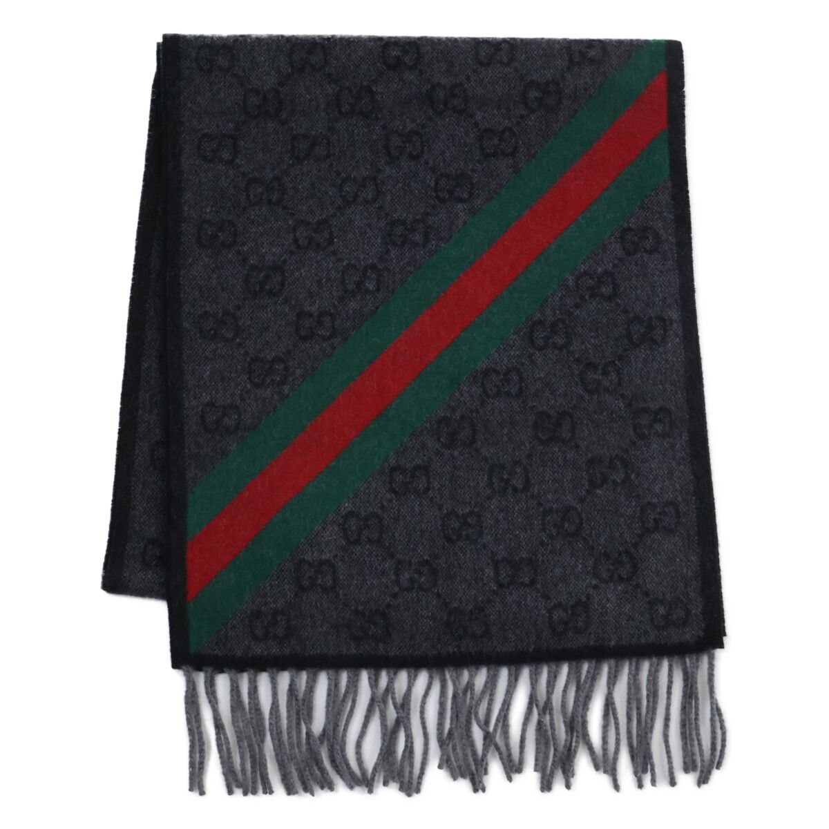 Gucci GG Pattern Sherry Line Wool Fringe Scarf