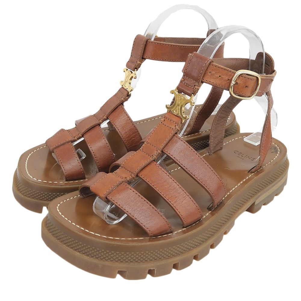 Celine Leather Trio Gladiator Sandals Shoes Brown
