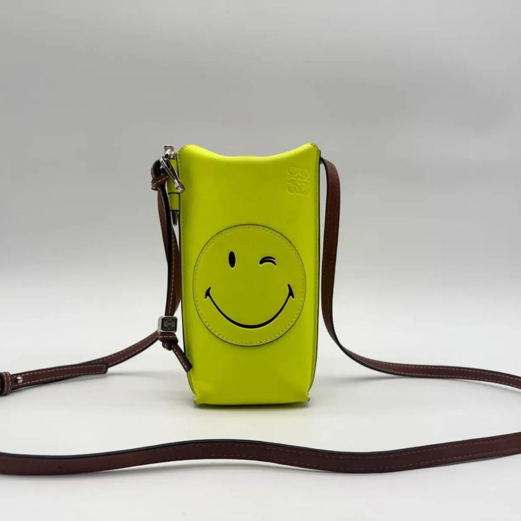 Loewe Shoulder Bag Gate Pocket Pouch Smiley Wink Yellow Brown Leather