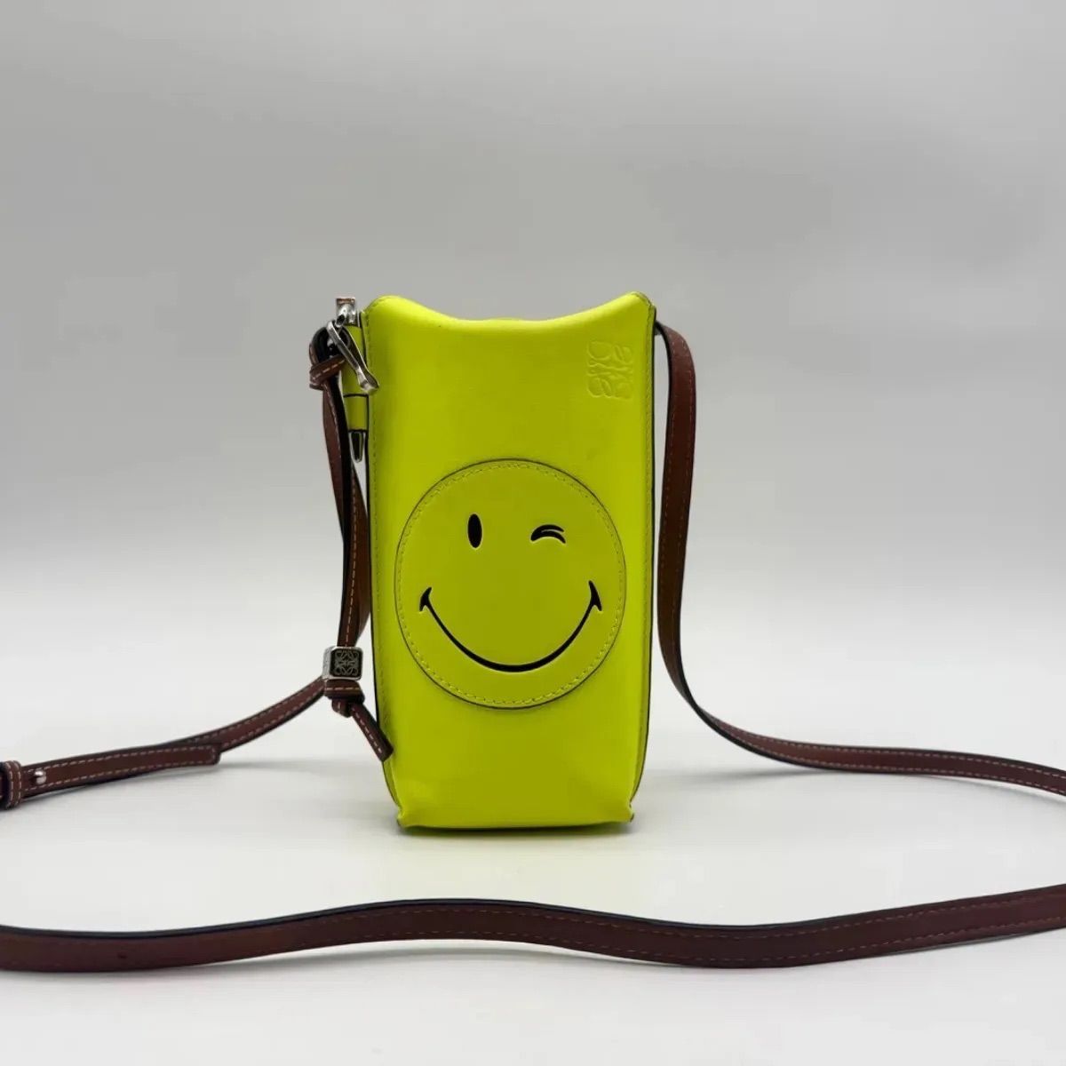 Loewe Shoulder Bag Gate Pocket Pouch Smiley Wink Yellow Brown Leather
