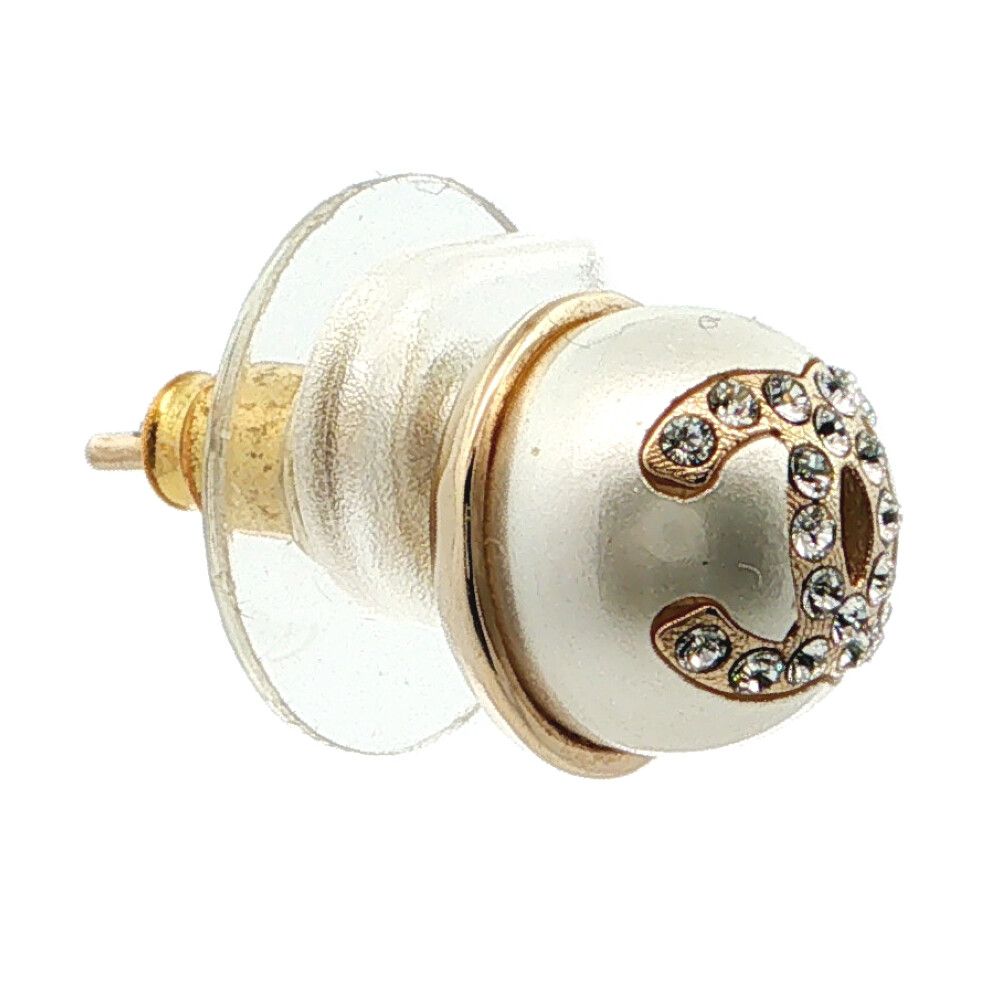 Chanel CC Logo Single Costume Stud Faux Pearl Earrings Alloy Gold — view 2
