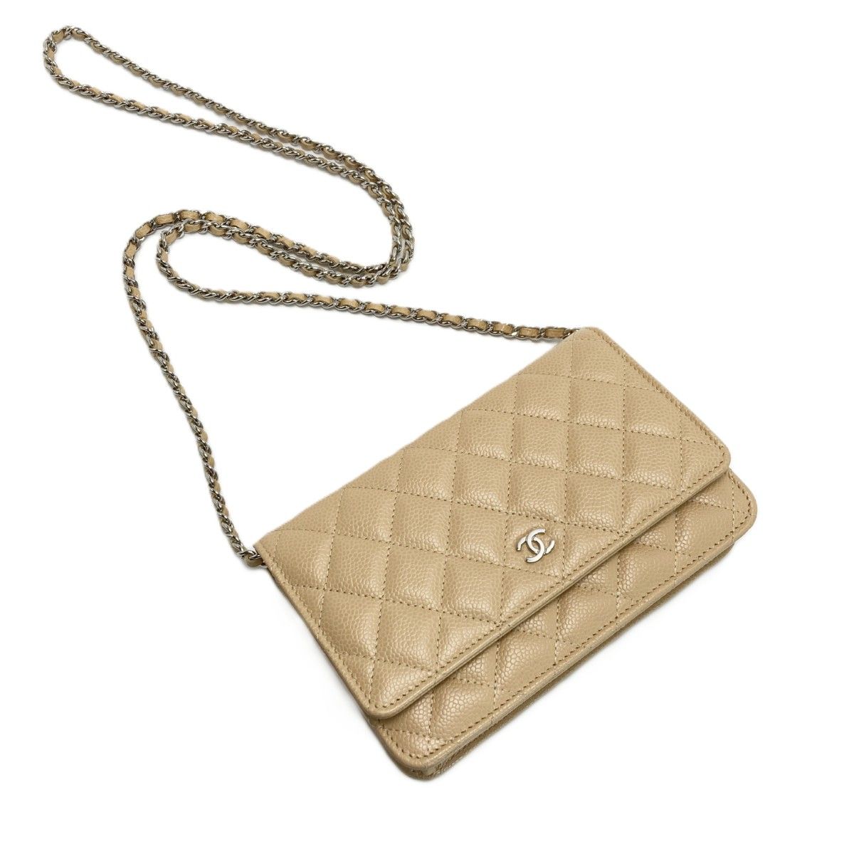 Chanel Quilted Classic Chain Wallet Beige Caviar Leather CC Logo — view 3