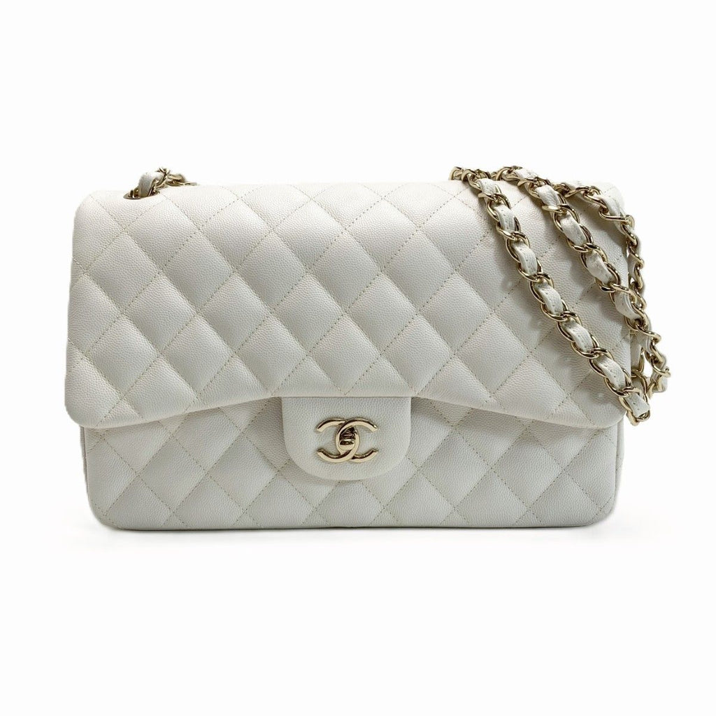 Chanel Quilted Double Flap Chain Shoulder Bag White Caviar Leather