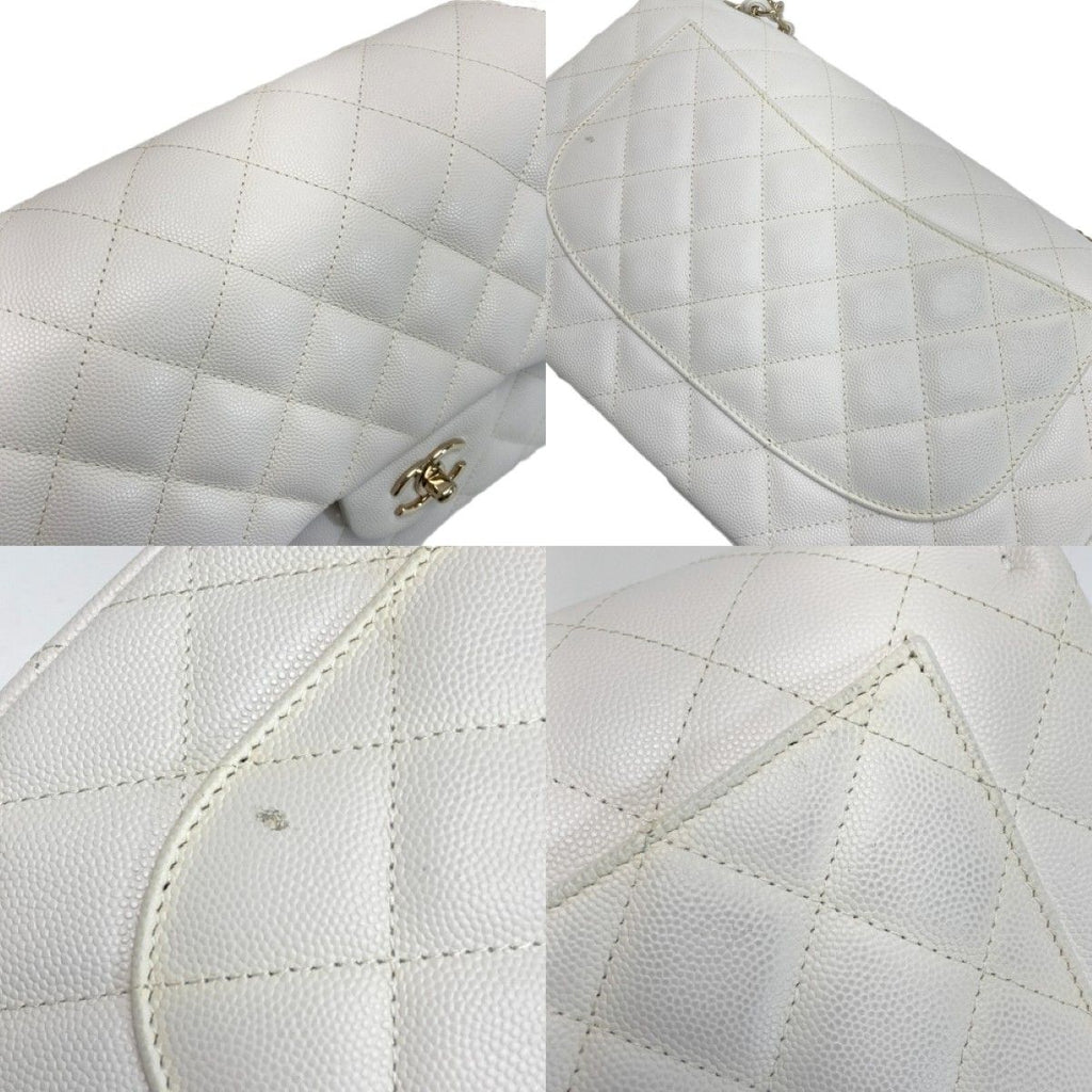 Chanel Quilted Double Flap Chain Shoulder Bag White Caviar Leather — view 8