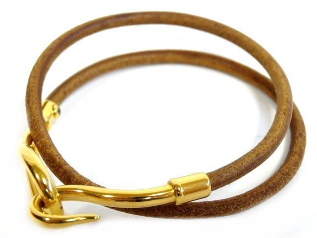 Hermes Jumbo Double Strand Bracelet Choker Gold Leather Brown — view 2