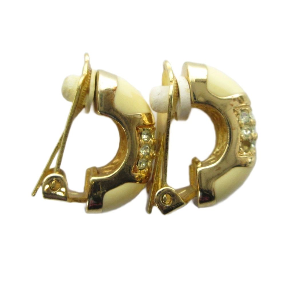 Dior Earrings Clip on Rhinestone Logo Gold — view 2