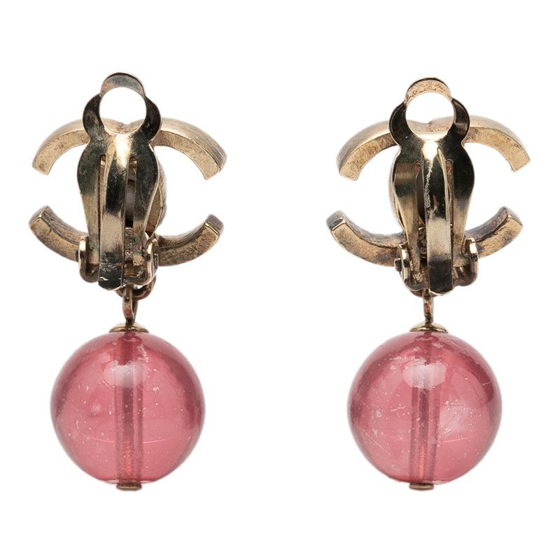 Chanel CC Logo Swing Earrings 10 Gold Pink Metal Plastic — view 2
