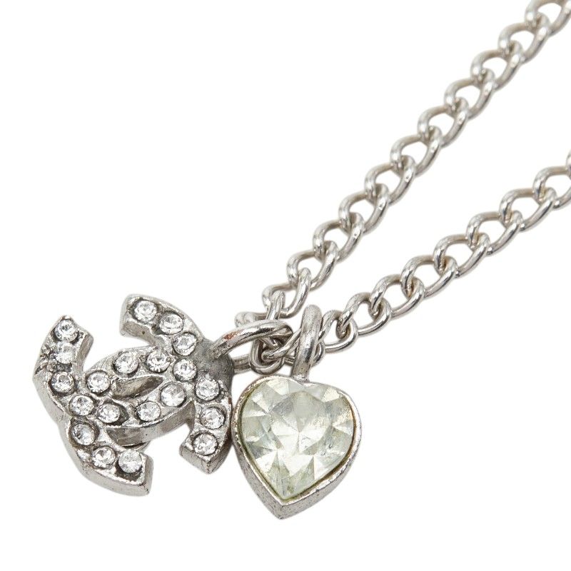 Chanel CC Logo Heart Pendant 08c Silver Metal Rhinestone