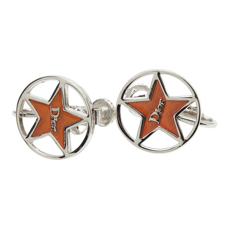 Dior Logo Star Motif Earrings Silver Orange Metal