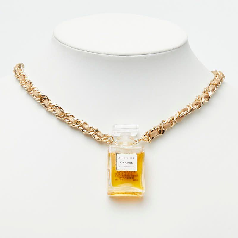 Chanel Allure Perfume Bottle Chain Necklace Gold Plated Leather — view 5