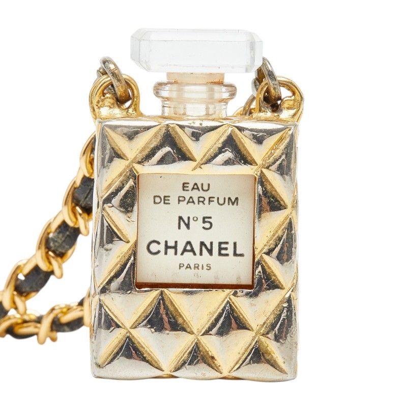 Chanel Perfume Bottle Chain Pendant Quilted Case Gold Black Plated — view 2