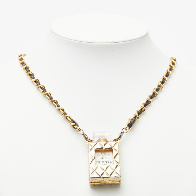 Chanel Perfume Bottle Chain Pendant Quilted Case Gold Black Plated — view 5