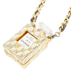 Chanel Perfume Bottle Chain Pendant Quilted Case Gold Black Plated