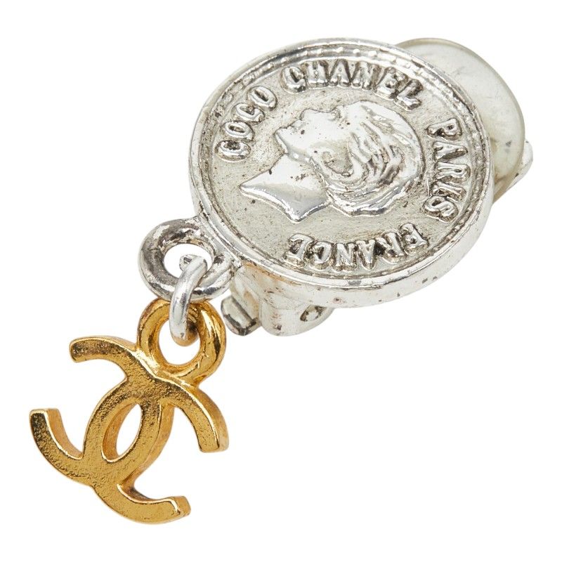 Chanel CC Logo Medallion Vintage Earrings Single Silver Gold Metal Plated