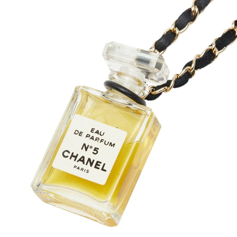 Chanel Perfume Bottle Chain Necklace Gold Black Plated Leather