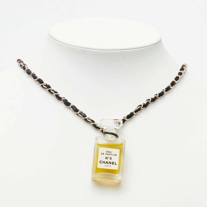 Chanel Perfume Bottle Chain Necklace Gold Black Plated Leather — view 5