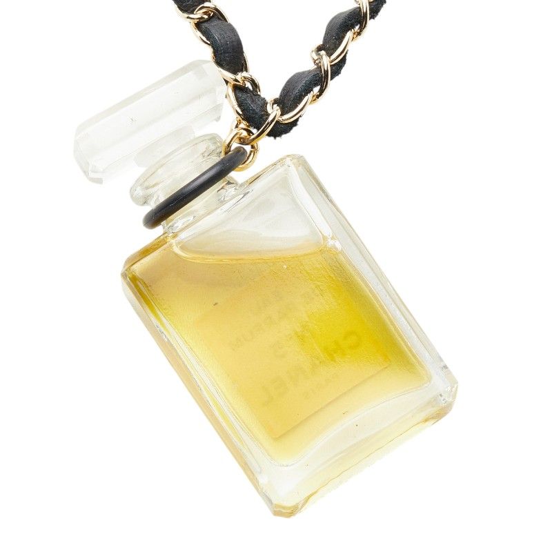 Chanel Perfume Bottle Chain Necklace Gold Black Plated Leather — view 3