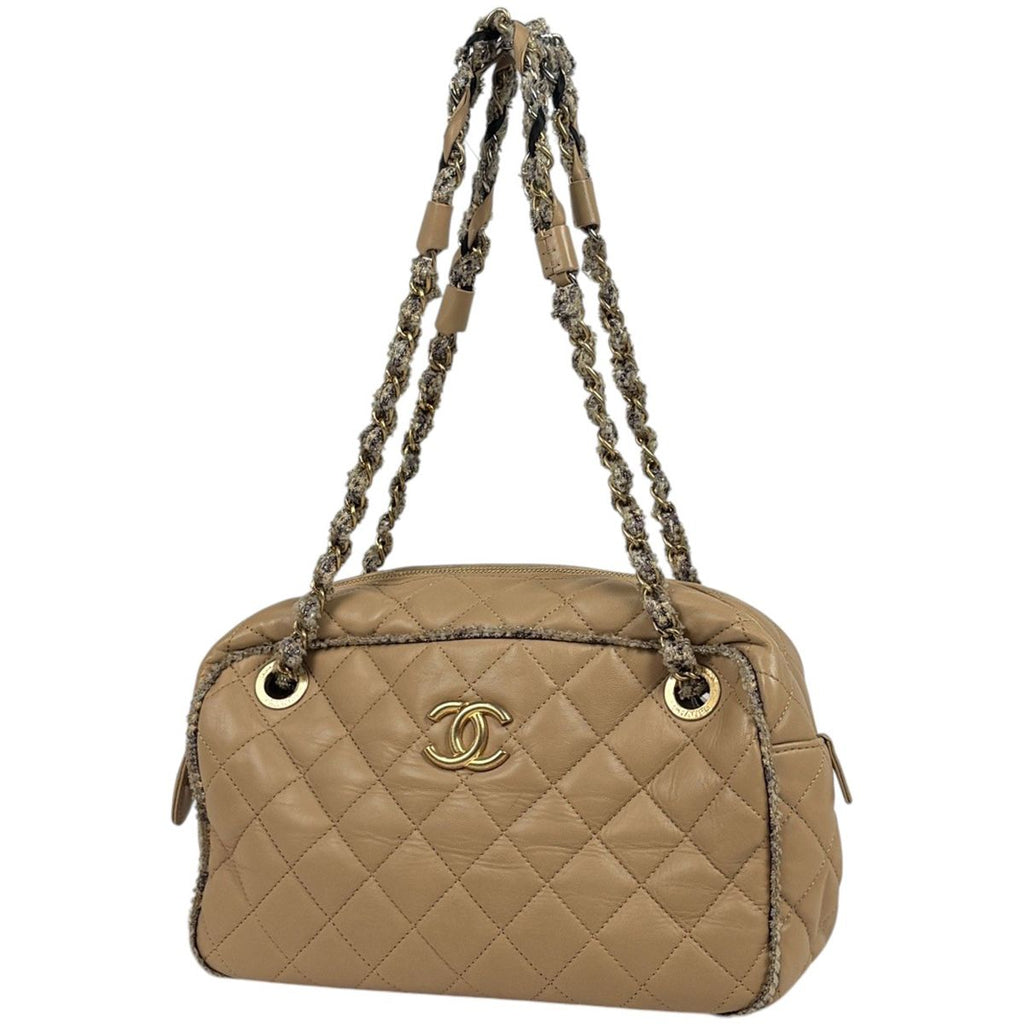 Chanel CC Logo Chain Shoulder Bag Tweed Quilted Leather Beige