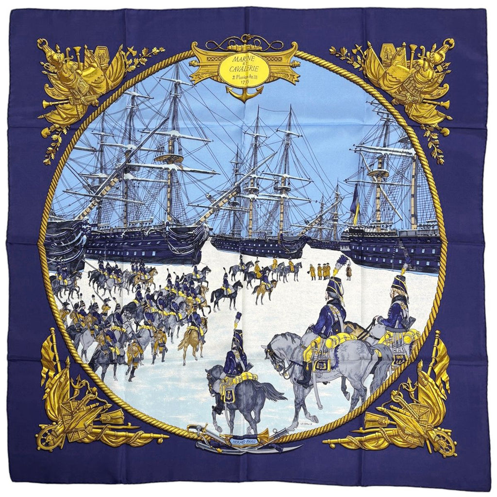 Hermes Carre 90 Marine ET Cavalerie Sea and Cavalry Scarf Silk Navy Multicolor