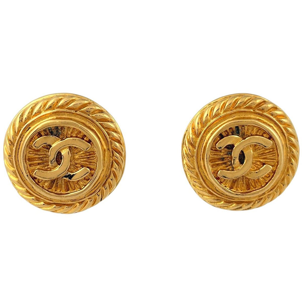 Chanel CC Logo Round Earrings Gold Plated