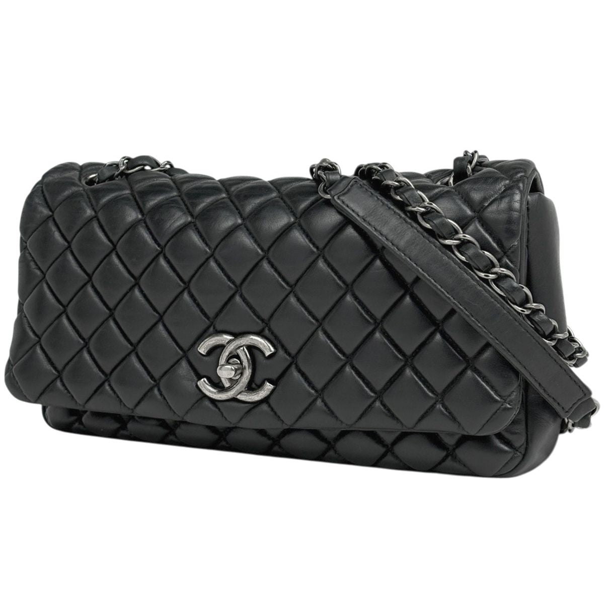 Chanel CC Logo Chain Shoulder Bag Quilted Leather Black
