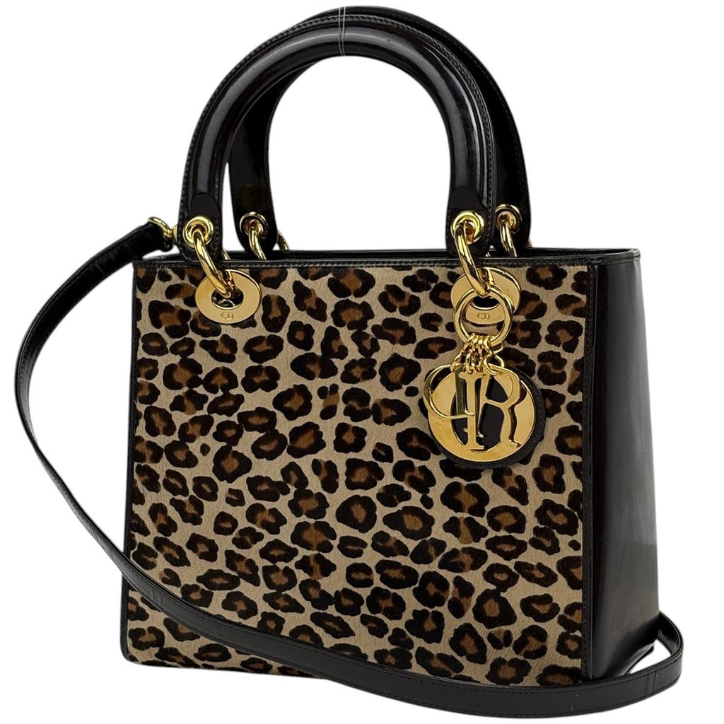 Dior Lady 2-Way Leopard Print Handbag Calf Hair Brown